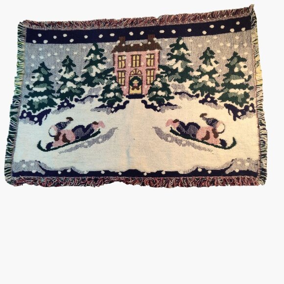 Sledding Snow Scene Tapestry Placemat Vintage Christmas Woven 18 x 14 lot 4 - Picture 4 of 10
